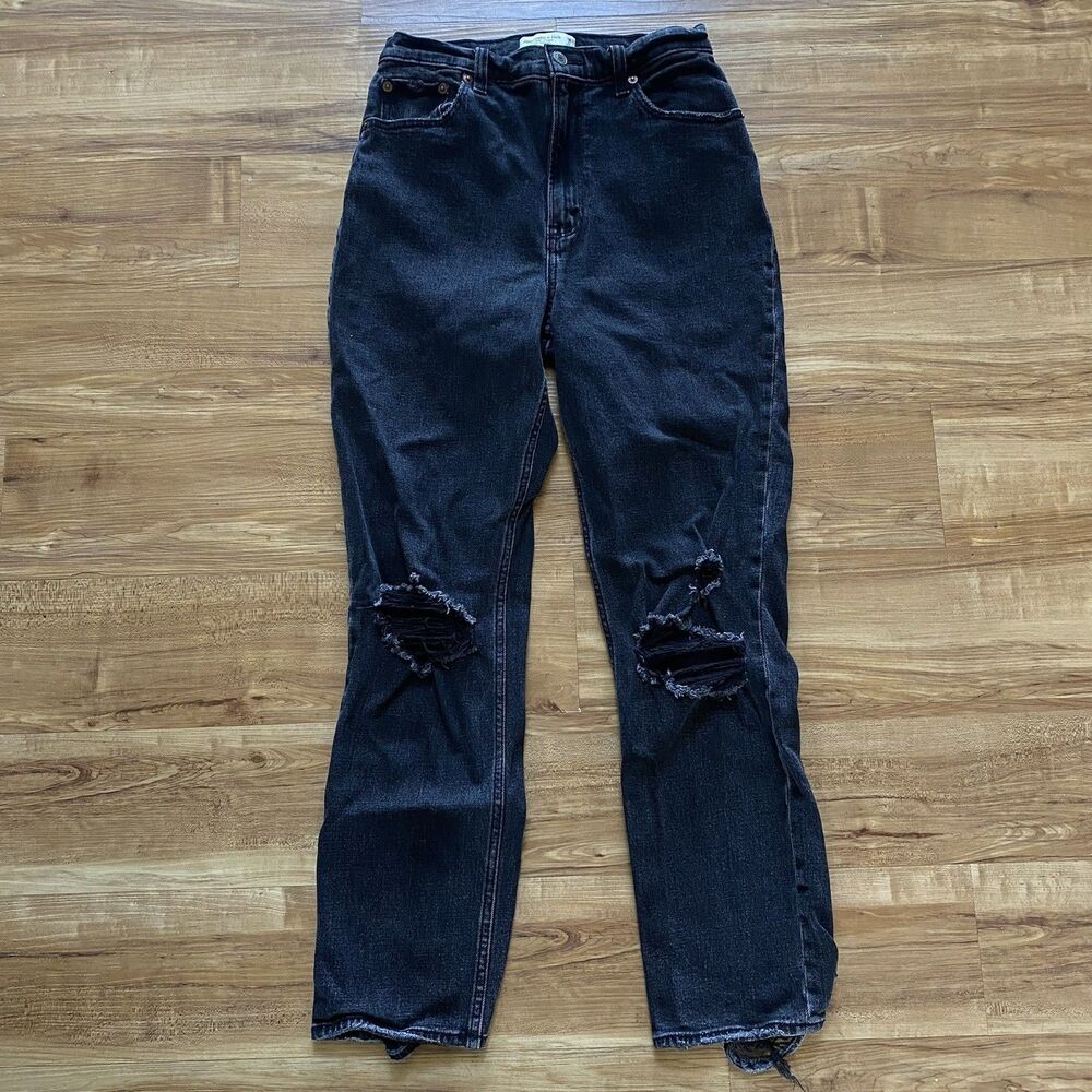 A&F 28 The Ankle Straight Ultra High Rise Black Distressed Curve Love Boho Jeans